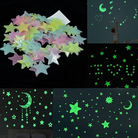 100Pcs 3D Stars Glow In The Dark Luminous Fluorescent Stickers Kid Room  Decor