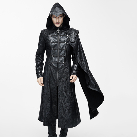 Devil Fashion Gothic Vintage Hooded Long Coat for Men Punk Faux Leather Handsome Jackets with Detachable Shawls Black Overcoats  ► Photo 1/1