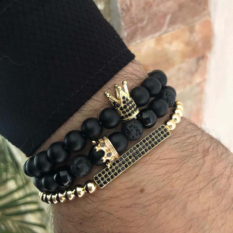 3Pc/Lot Micro Pave Black CZ Zirconia Gold King Crown & Bar Charm Bracelet Sets Men Stone Bead Bracelet Valentine Women Jewelry ► Photo 1/5