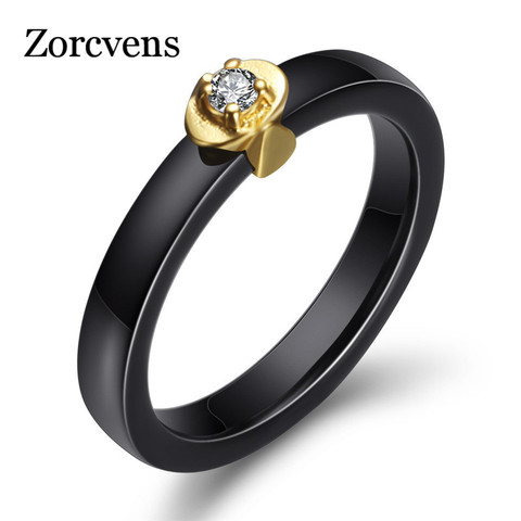 ZORCVENS Top Quality Black White Smooth Ceramic Ring For Women Gold Color Flower CZ Stone Wedding Ring Wholesale ► Photo 1/1