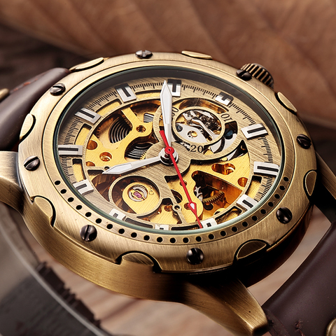 Retro Bronze Skeleton Mechanical Watch Men Automatic Watches Sport Luxury Top Brand Leather Watch Relogio Masculino Male Clock ► Photo 1/6