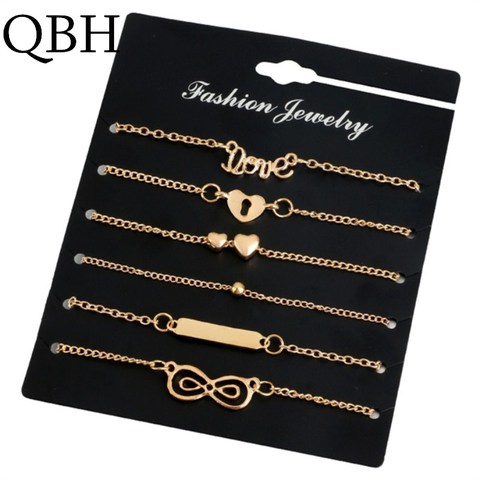 L005 6 pcs/sets Minimalist Women Bracelet Set Crystal Infinity 8 Bowknot Heart Key Charm Chain Bracelets & Bangles Party Jewelry ► Photo 1/6