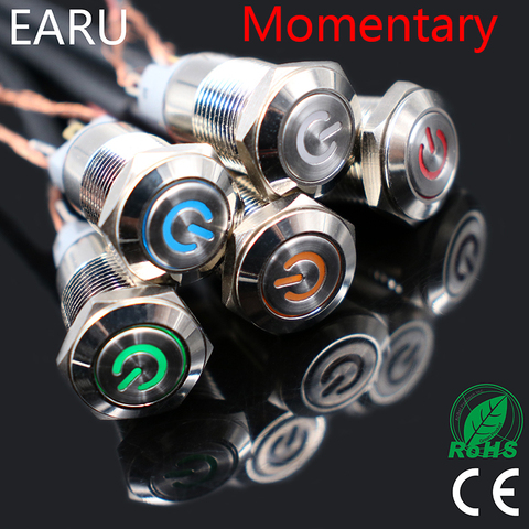Car Computer 12mm Momentary Angel Eye Aluminum Metal LED Power Push Button Switch Self-reset Metal Switch Normally Open 12V Blue ► Photo 1/6