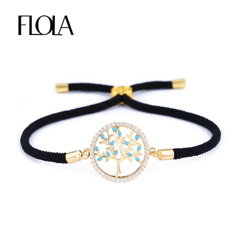 FLOLA Handmade Black String Tree of Life Bracelet Zircon Paved Adjustable Rope Couple Bracelet Lucky Jewelry Braided gift brta67 ► Photo 1/6