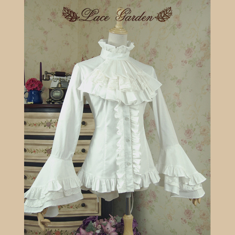 Vintage White/Black High Low Blouse Long Flare Sleeve Ruffled Gothic Victorian Shirt for Women by Lace Garden ► Photo 1/4