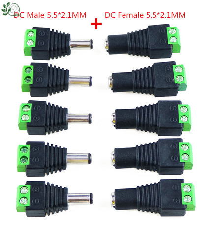 5 Set 10 pcs Cameras 2.1mm x 5.5mm Female Male DC Power Plug Adapter  Female Plug Jack Adapter Connector Male Plug Socket green ► Photo 1/5