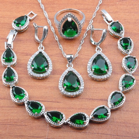 Russian Style Water Drop Green Zirconia Silver Plated Jewelry Sets Wedding Jewelry For Women Earrings Bracelet Ring Set JS0106 ► Photo 1/6