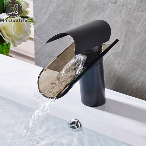Glass Waterfall Spout Basin Faucet Deck Mounted Waterfall Hot Cold Water Tap Single Handle Bathroom Mixer Tap ► Photo 1/6