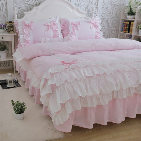 New Luxury Layers Bedding Set Sweet Princess Bow Ruffle Duvet Cover Wedding Bedding Pink Bed Sheet Girl Baby Bed Skirt Cover ► Photo 1/6