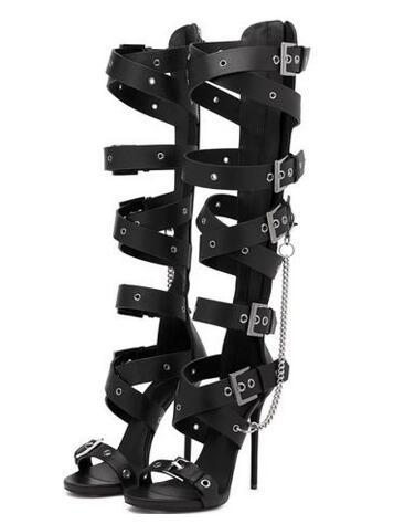 Summer Sexy Ladies Black Metal Buckle Straps Knee High Sandals Boots Stiletto High Heels Metal Chains Women Cut Out Long Boots ► Photo 1/6