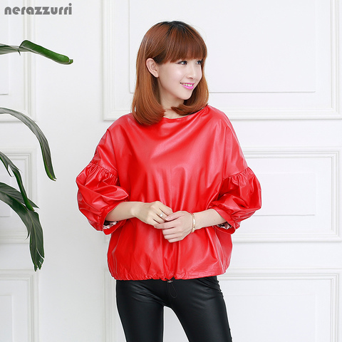Nerazzurri Women Faux Leather Jacket Flare Sleeve Red Black Gray Blue Soft Short Washed Pu jacket Pullover Coat 2022 New Fashion ► Photo 1/6