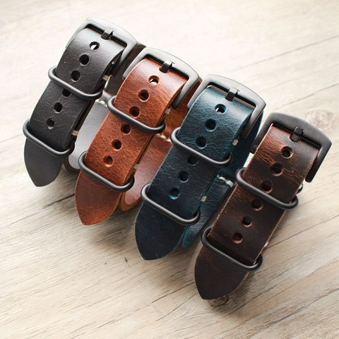 New Carty Replacement Watch Strap Handmade Crazy Horse Leather Watch Band 22mm 20mm 24mm Zulu Nato Black/Brown/Blue Watch Strap ► Photo 1/6