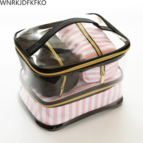 Transparent PVC Cosmetic Bag Travel Toilet Bag Four-Piece Portable Multifunction Set Pink Makeup Organizer Bag  Cosmetician ► Photo 1/6