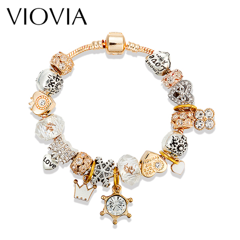 VIOVIA Fashion Beads Jewelry Heart Charm Bracelet Bangle Gold Color Chain DIY Fit Pan Original Beads Bracelets For Women Pulsera ► Photo 1/5