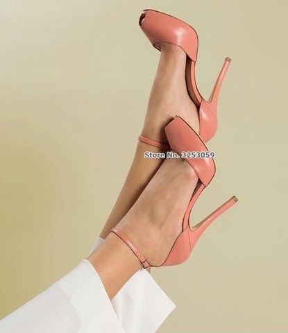 ALMUDENA Women Pink Matte Leather Peep Toe Dress Shoes Thin High Heels Ankle Buckle Strap Concise Pumps Elegant Banquet Shoes ► Photo 1/6