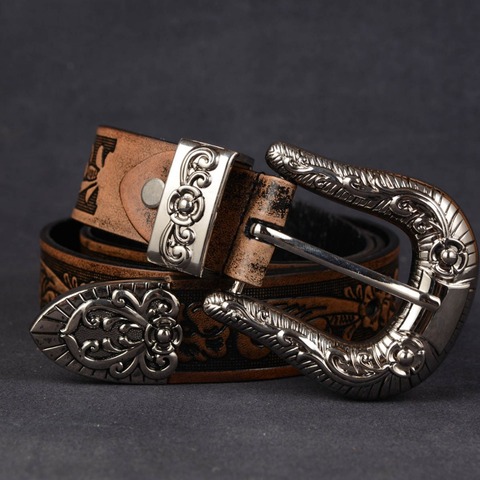 3.3cm Vintage emboss flower belt Handmade cowboy belt genuine leather pin buckle strap chunk buckle male cowhide trousers belt ► Photo 1/2