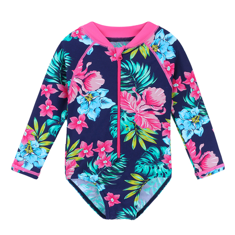 BAOHULU Navy Floral Baby Swimwear Long Sleeve UPF50+ Girls' Swimsuit One Piece Children Swimwear Toddler Bathing Suit Beachwear ► Photo 1/6