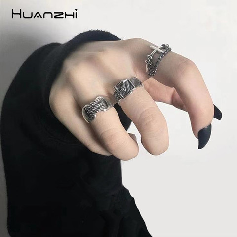 HUANZHI Vintage Silver Color Metal Punk Chain Cross Open Rings Belt Buckle Design Finger Rings for Women men Party Jewelry Gifts ► Photo 1/6