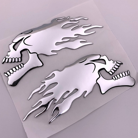 FASP 2Pcs/Pair  Silver fire 3D  Ghost Skull Head Auto Motorcycle Car Sticker Emblem Decals ► Photo 1/6