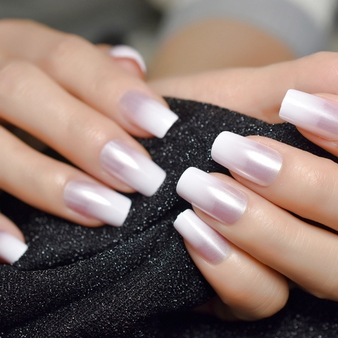Pearl Shine Glossy Fake Nails Shimmer White Square Ombre French Nail Faux Ongles Gradient Medium Fingernails with Gluetabs ► Photo 1/6