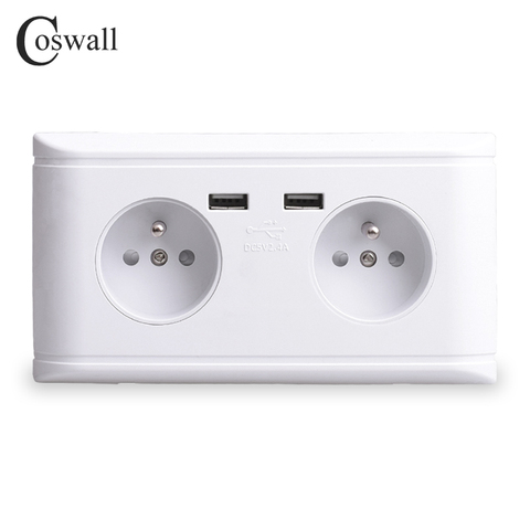 Coswall Dual USB Charging Port 5V 2.4A 16A Double Wall Outlet France Standard Power Socket Charger Adapter ► Photo 1/4