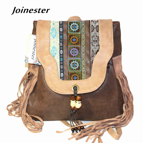 Chinese National Style Ethnic Embroidery Women's Hasp PU Flap Backpack with Beading Tassels Vintage School Satchel Soft Handle ► Photo 1/6
