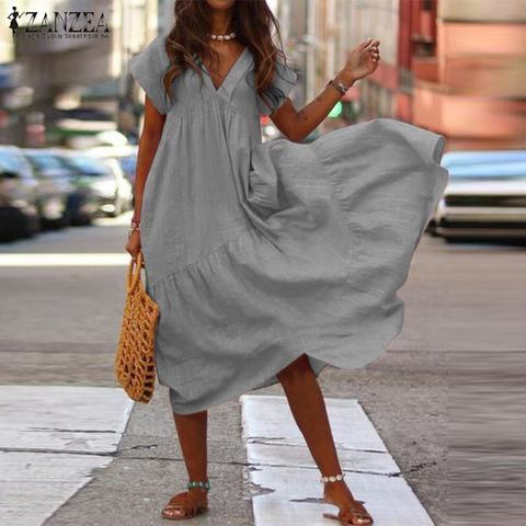 Bohemian Summer Womens Sundress ZANZEA Fashion V Neck Midi Vestidos Female Solid Ruffle Dresses Asymmetrical Robe Plus Size ► Photo 1/6