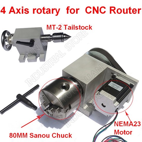 4 Axis rotation A Axis Extend Rotary & Nema23 stepper motor 3 Jaw 80mm Chuck& MT2 Tailstock for wood CNC Milling Router ► Photo 1/6