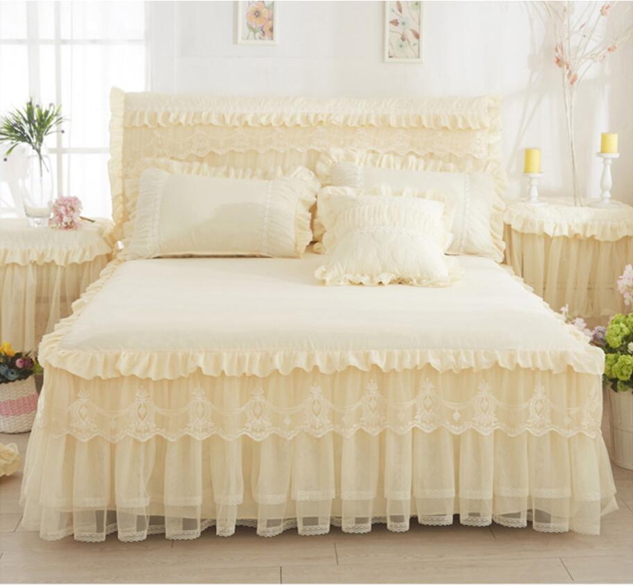 Beige Pink 1pcs Lace Bed, Queen Size Princess Bed Frame