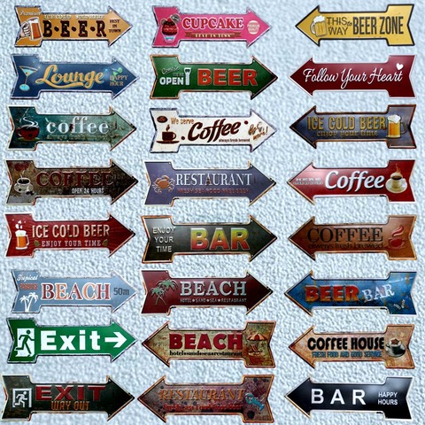 Restaurant Beach  Beer Bar Coffee Arrow Metal Irregular Tin Signs  Advertising Board Wall Pub Home Art Decor 42X10CM U-13 ► Photo 1/6