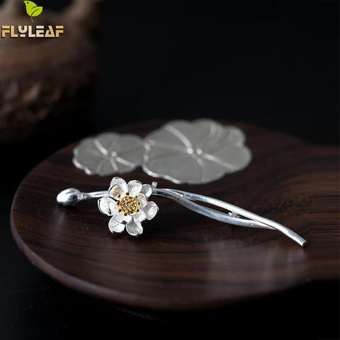 100% 925 Sterling Silver Branch Lotus Flower Brooches For Women Flyleaf High Quality Lady Chinese Style  Vintage Jewelry ► Photo 1/5