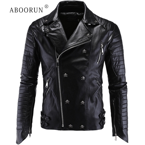 ABOORUN Men's Fashion Punk Leather Jacket Skull Rivets Motor Leather Jacket R1205 ► Photo 1/4