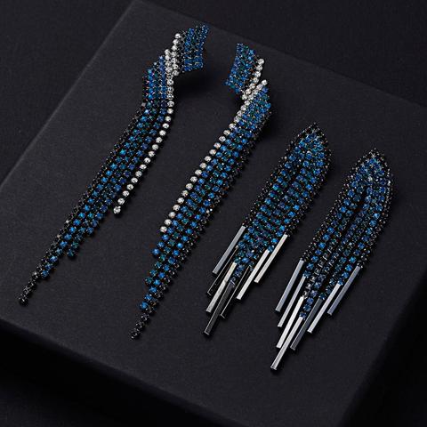 Blue Color Rhinestone Long Tassel Drop Earrings for Women Geometric Earing Bridal Wedding Engagement Jewelry Accessories Gift ► Photo 1/6