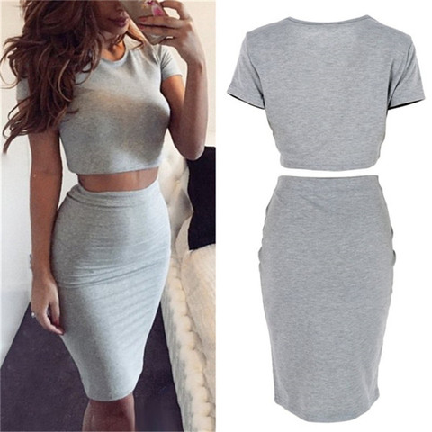 Summer Short Sleeve Top Women's Club Skirt Two Piece Outfits  Midi Skirts Sexy Party Bodycon Vestidos ► Photo 1/6