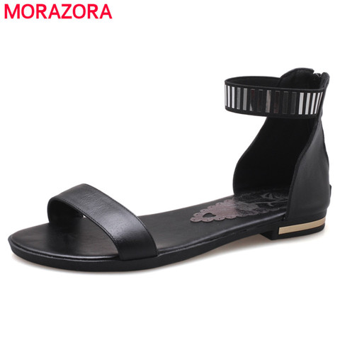 MORAZORA  Big size 34-46 New genuine leather sandals women zipper summer black gold white casual beach flat sandals wholesale ► Photo 1/6