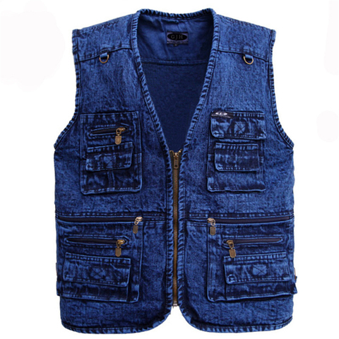 Men's vest Outerwear denim waistcoat deep blue color plus size sleeveless  jacket Multi-pocket size XL to 5XL ► Photo 1/6