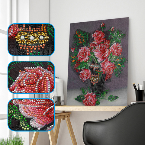 5D DIY Diamond Chinese Style Flower Rose Flower Vase Cross Stitch Diamond Embroidery Special Shaped Diamond Home Decoration ► Photo 1/6
