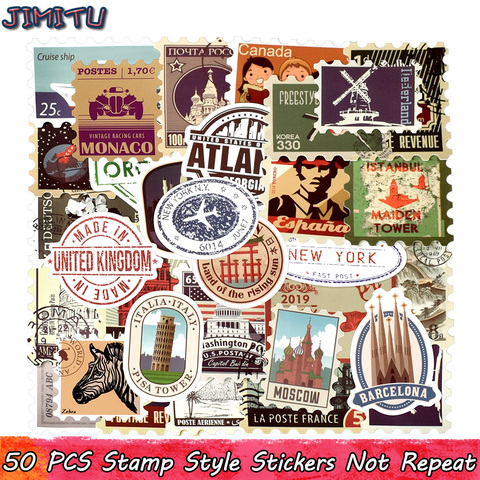 50 PCS Retro Stamp Sticker Travel Historical Building Postmark Postage Stickers for DIY Luggage Laptop Travel Case Guitar Fridge ► Photo 1/6