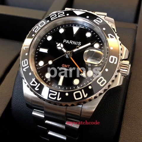 40mm PARNIS Black Dial Luminous Sapphire Glass GMT Automatic Mens Luxury Brand Top Mechanical Watch Relogio Masculino Solid Back ► Photo 1/6