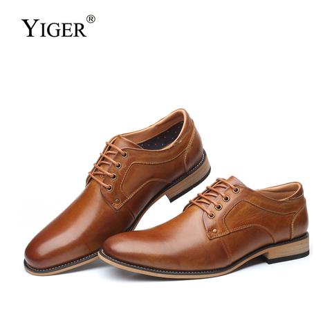 YIGER New Men dress shoes Man formal lace-up shoes Large size Genuine leather business shoes male Increased men's shoes   0301 ► Photo 1/6