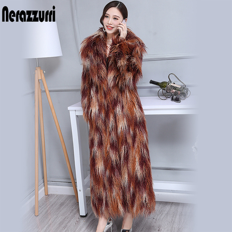 Nerazzurri Winter Faux Fur Coat Women 2022 Extra Long Colorful Shaggy Hairy Maxi Plus Size Mongolian Sheep fur Overcoat 5xl 6XL ► Photo 1/1