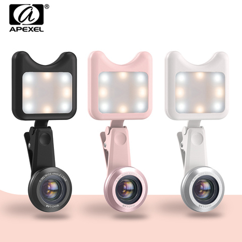 APEXEL LED Selfie Light Fill-in light +0.36X Wide Angle Lens + 15X Macro Lens Kit For iPhone Samsung phones ► Photo 1/6