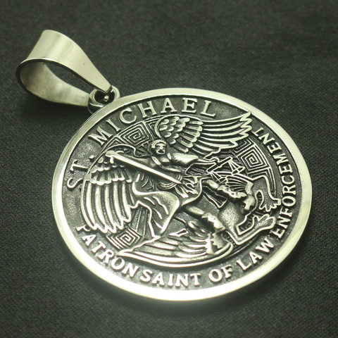 Men Boy Cool 316L Stainless Steel SAINT MICHAEL PROTECT US Big Round Medal Pendant Newest ► Photo 1/4