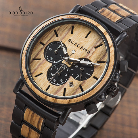 BOBO BIRD P09 Wood and Stainless Steel Watches Mens Chronograph Wristwatches Luminous Hands Stop Watch dropshipping ► Photo 1/6