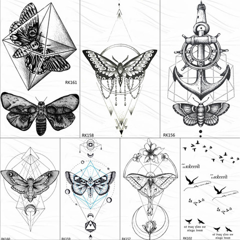 OMMGO Geometric Butterfly Moth Pendant Temporary Tattoos Sticker Anchor Diamond Circle Rhombus Tatoos Body Art Black Fake Tattoo ► Photo 1/6