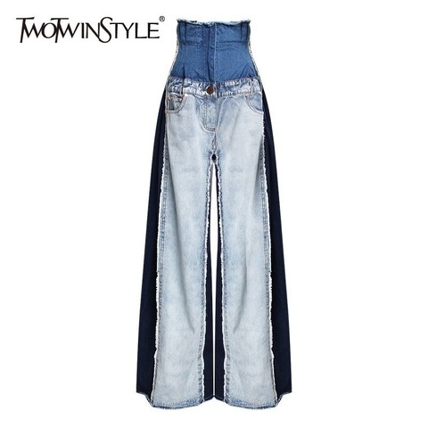 TWOTWINSTYLE Casual Denim Patchwork Women Trousers High Waist Hit Color Big Size Wide Leg Pants Female Fashion Spring 2022 New ► Photo 1/5