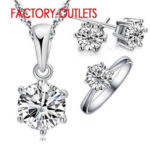 925 Sterling Silver Bridal Jewelry Set Classic 5 Claws Crystal  Necklaces Rings Earrings Women Girls Engagement Anniversary ► Photo 1/1