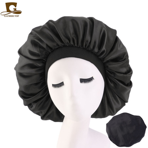 New Women Big Size Beauty print Satin Silky Bonnet Sleep Night Cap Head Cover Bonnet Hat for For Curly Springy Hair Black ► Photo 1/6