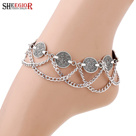 Vintage Silver color Anklets for Women Accessories Coin Charm Tassel Toe Ankle Bracelet Beach Chaine Cheville Femme Foot Jewelry ► Photo 1/6