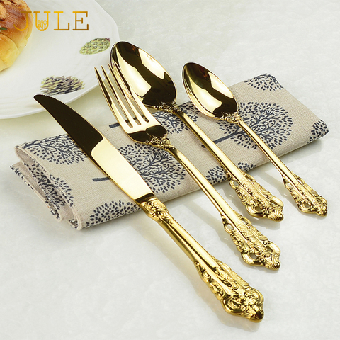 Vintage Western Gold Plated Cutlery 24pcs Dining Knives Forks Teaspoons Set Golden Luxury Dinnerware Engraving Tableware Set ► Photo 1/6